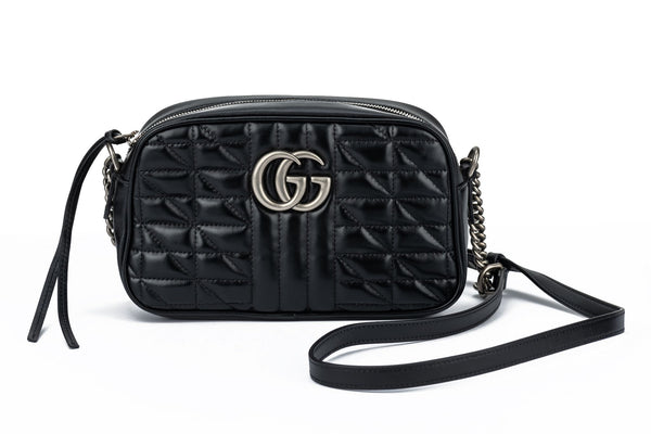 Black Leather GG Marmont Matelassé Mini Bag Zip Top Closure