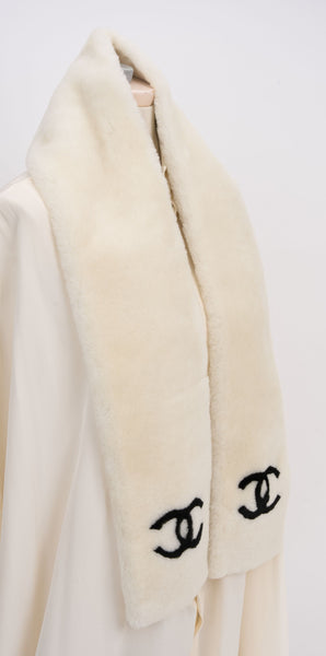 Chanel Off White Shearling Logo Scarf - Vintage Lux