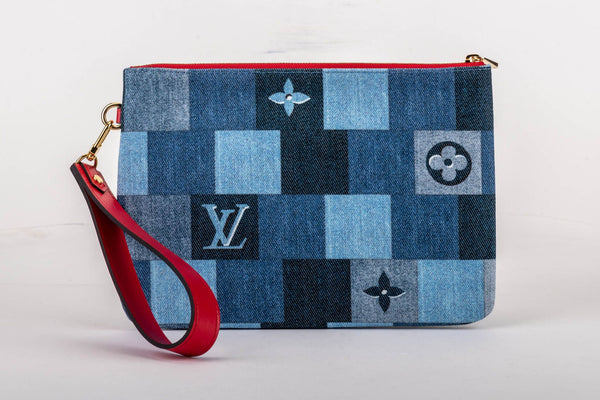 LOUIS VUITTON City Pouch Blue Denim Red Leather Checkered Monogram Clutch  Bag