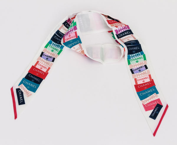 Chanel New White Silk Labels Twilly - Vintage Lux