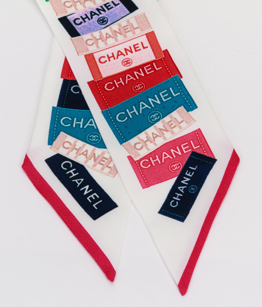 Chanel New White Silk Labels Twilly