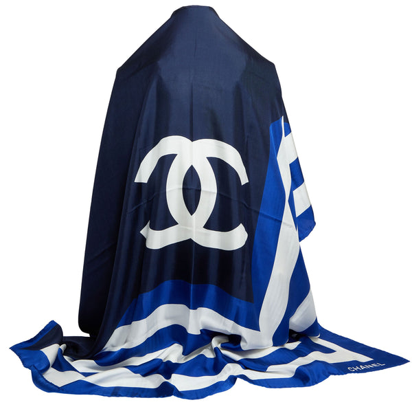 Chanel New Silk Blue Shawl White CC logo - Vintage Lux