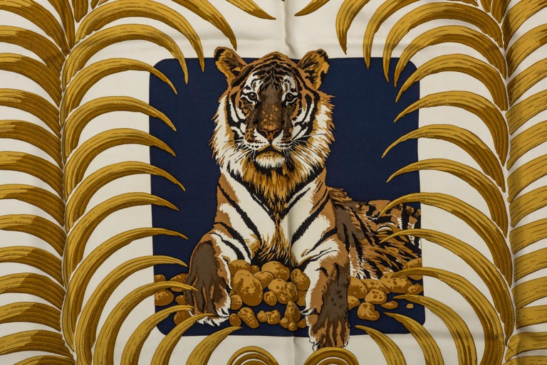 Hermes Navy Silk Tiger Scarf