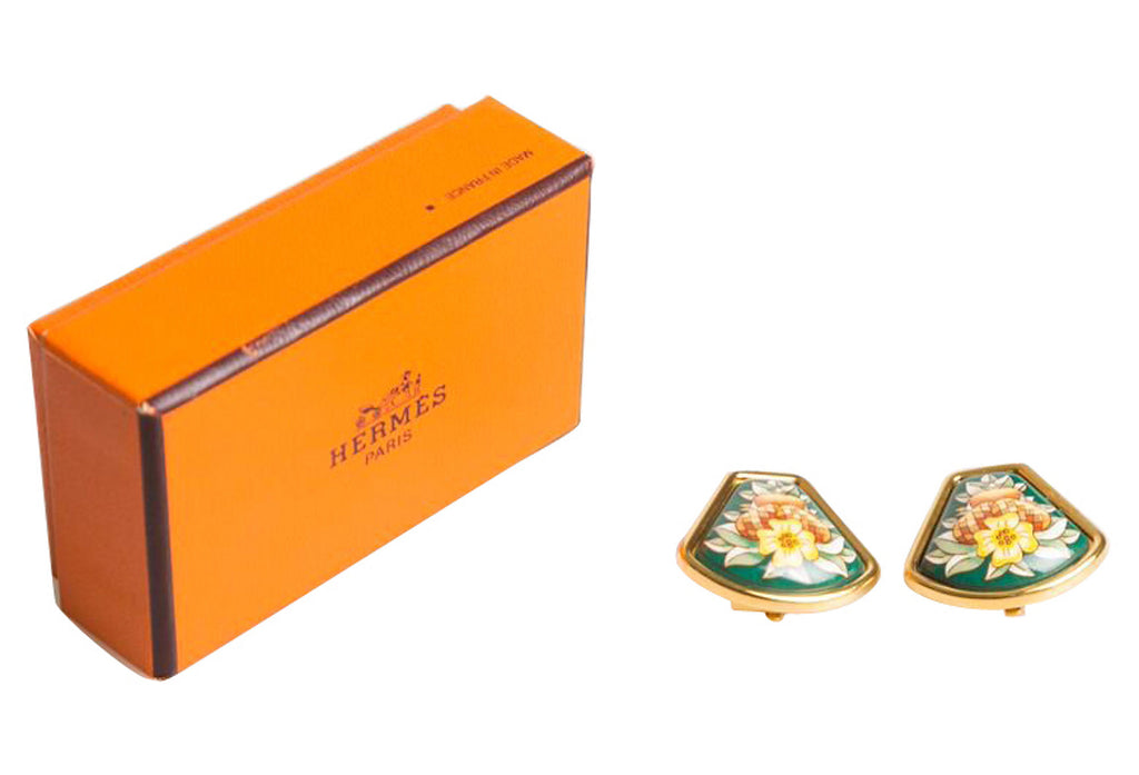 Hermès Green Bouquet Enamel Earrings