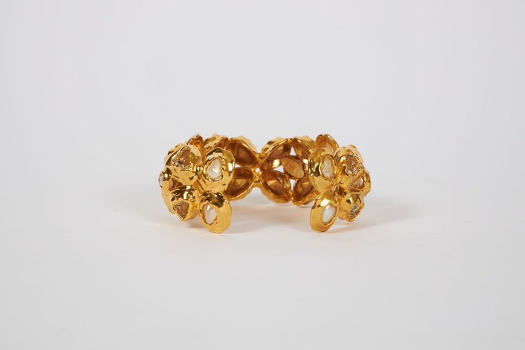 Chanel Textured Gold & Faux-Pearl Cuff