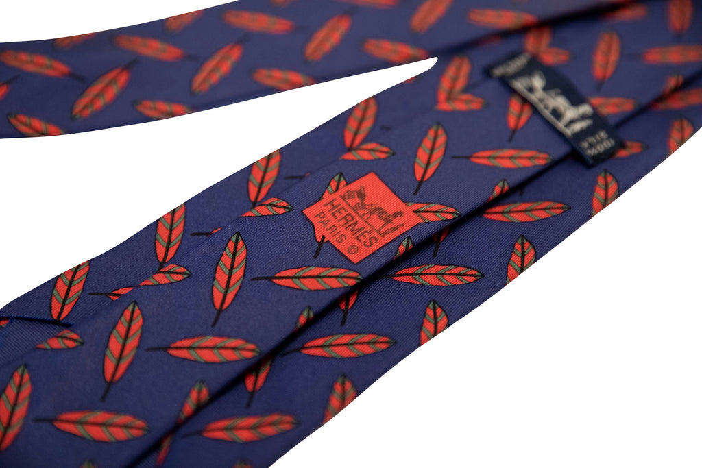 Hermès Navy Silk Feathers Tie