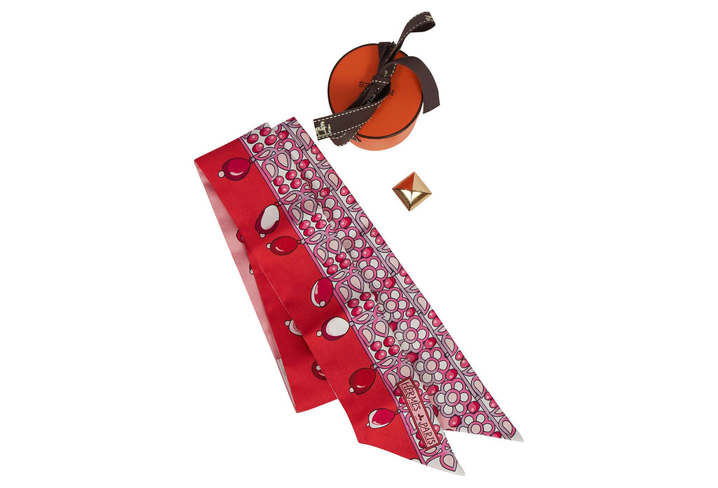 Hermes Red Pink Pearls Silk Twilly Scarf