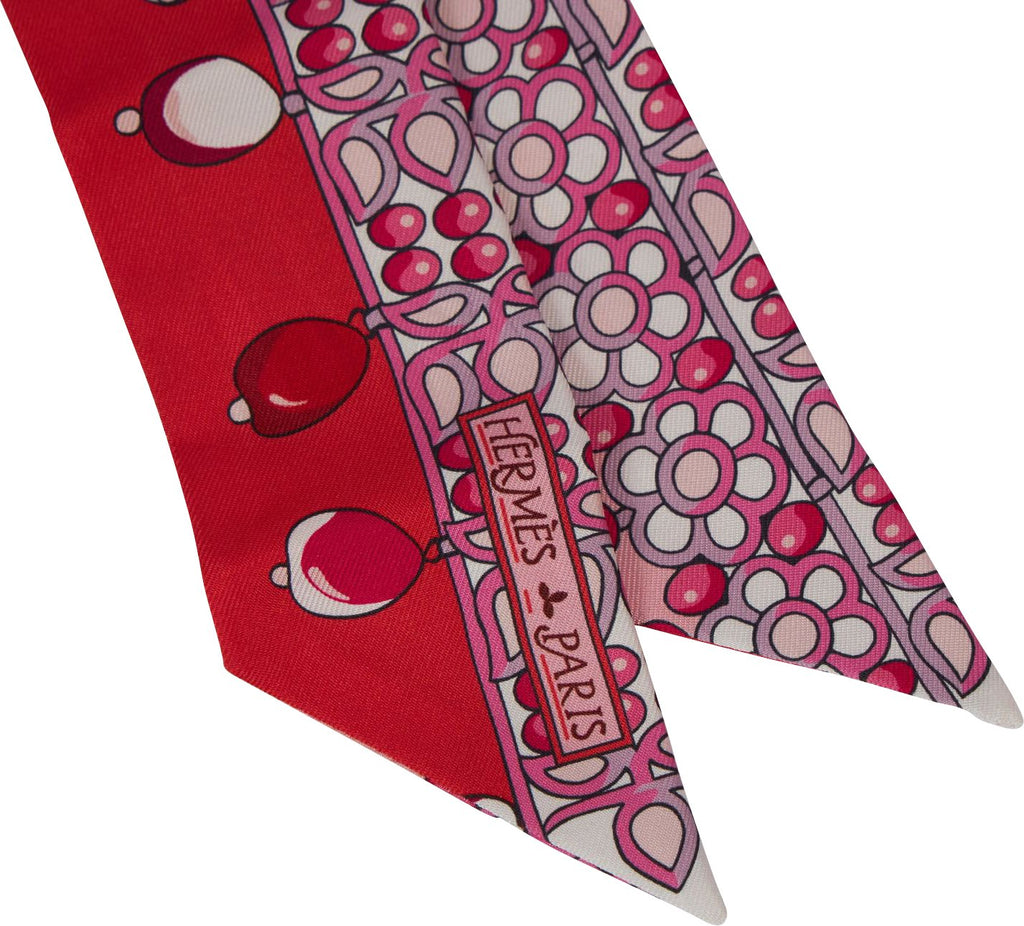 Hermes Red Pink Pearls Silk Twilly Scarf