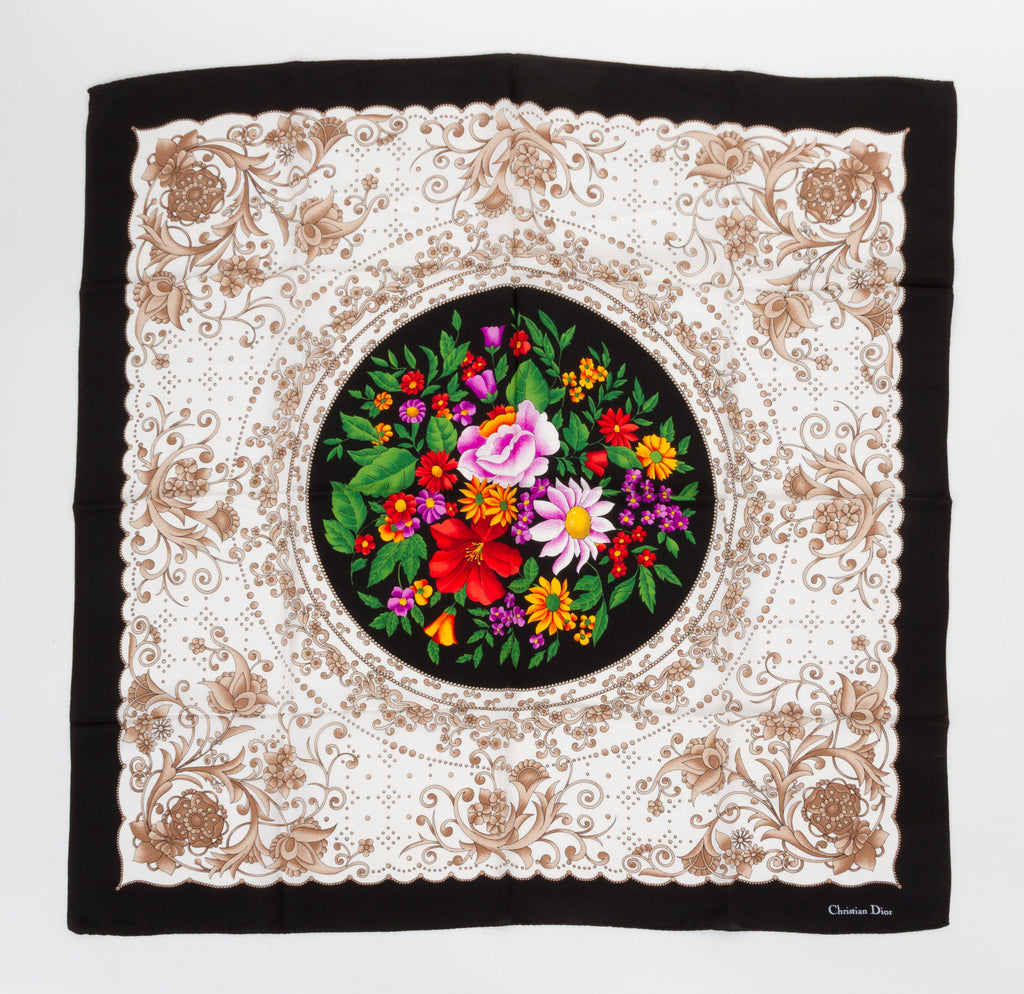 Dior Black Silk Flower Bouquet Scarf