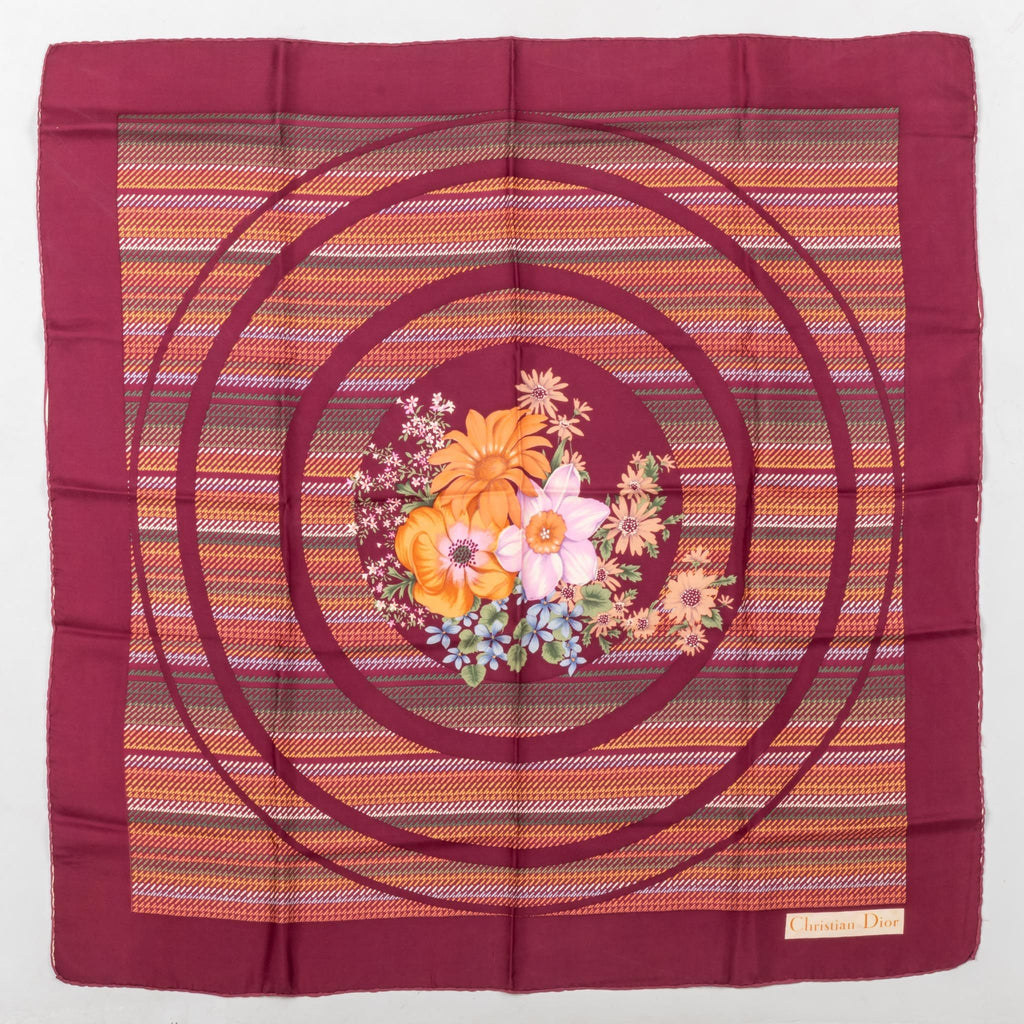 Dior Burgundy Silk Flower Bouquet Scarf