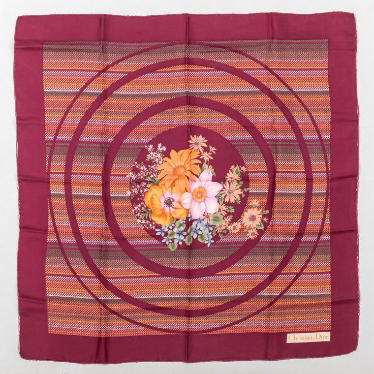 Dior Burgundy Silk Flower Bouquet Scarf