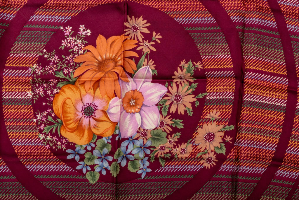 Dior Burgundy Silk Flower Bouquet Scarf