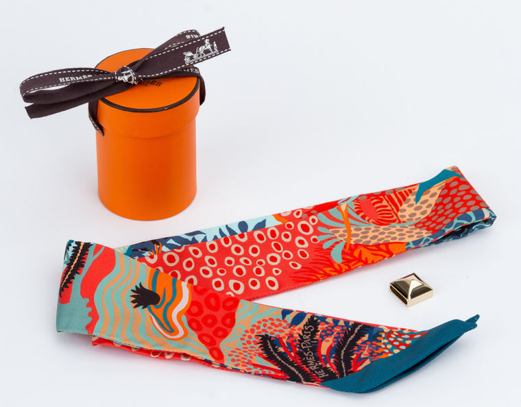 Hermes African Print Orange Silk Twilly