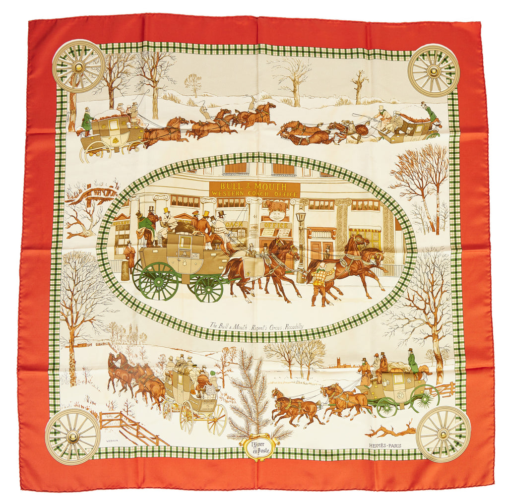 Hermès L'Hiver en Poste Red Silk  Scarf