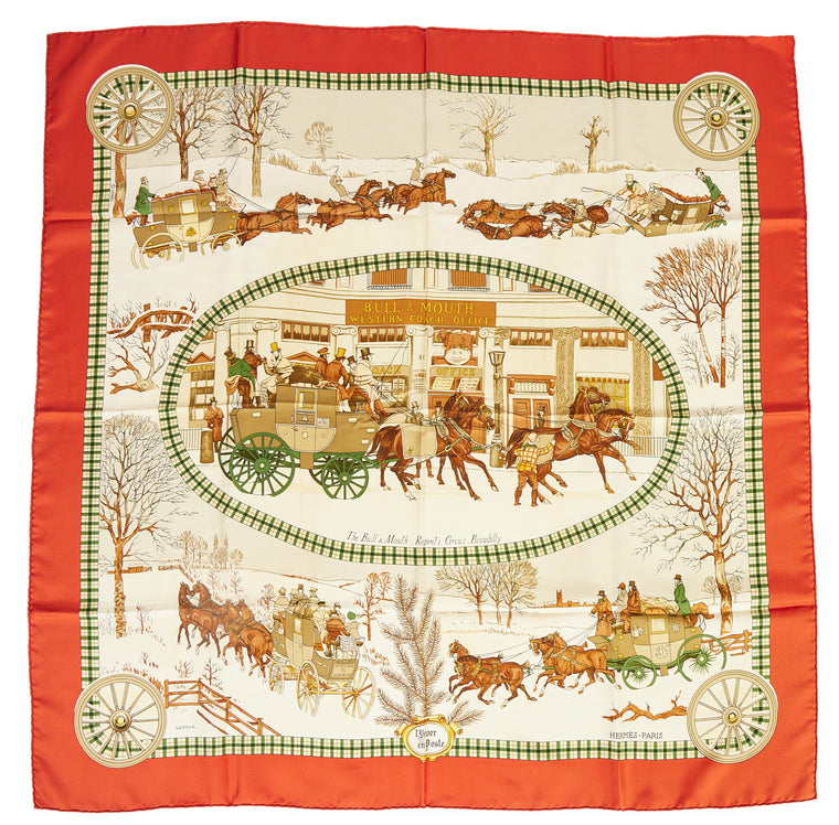Hermès L'Hiver en Poste Red Silk  Scarf