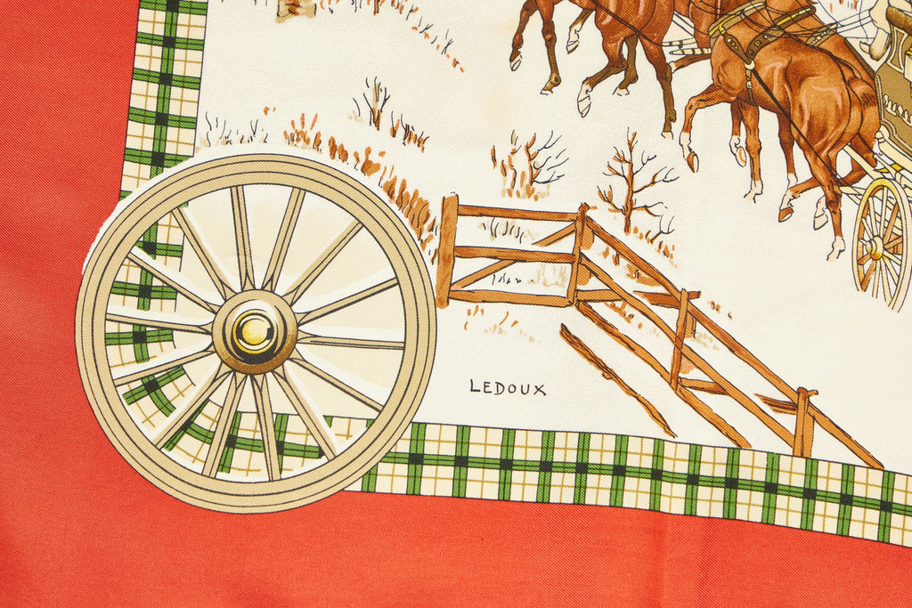 Hermès L'Hiver en Poste Red Silk  Scarf