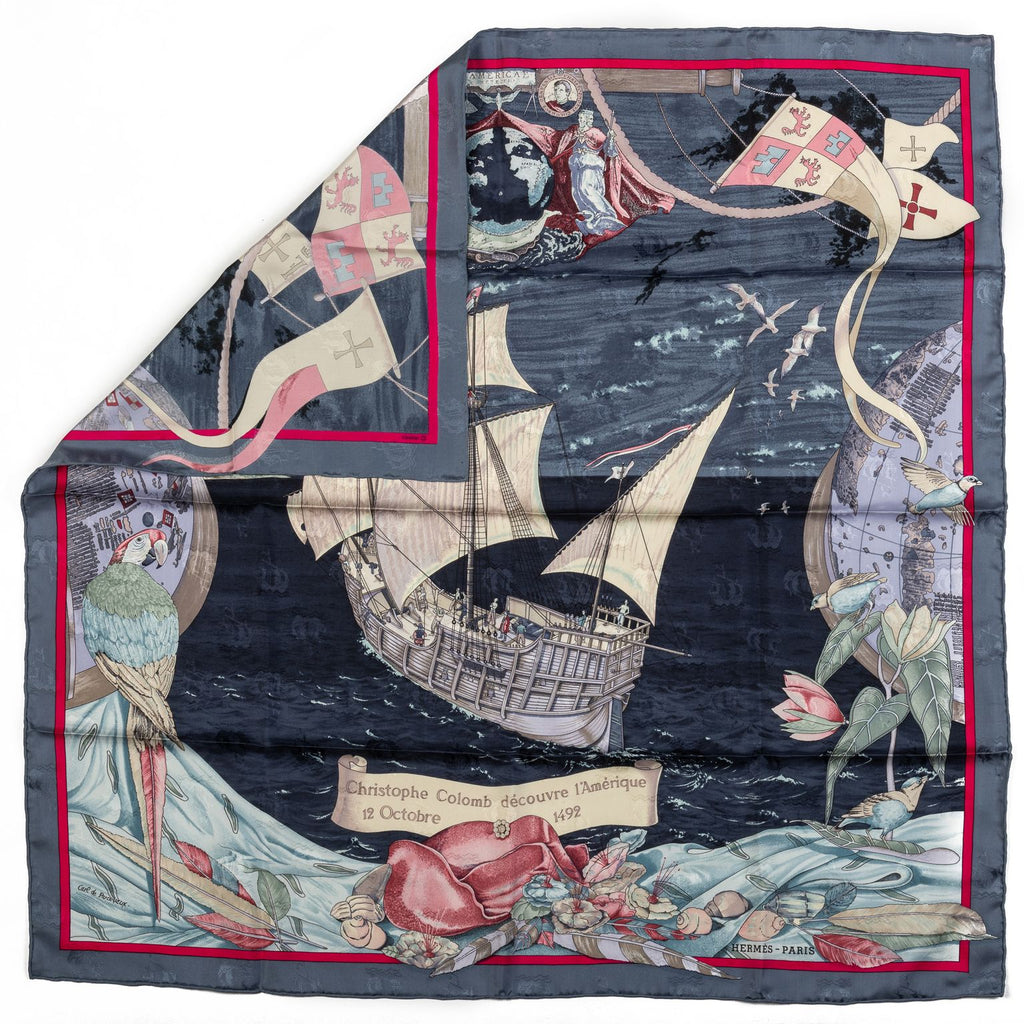 Hermes Colombe Ship Blue Silk Scarf