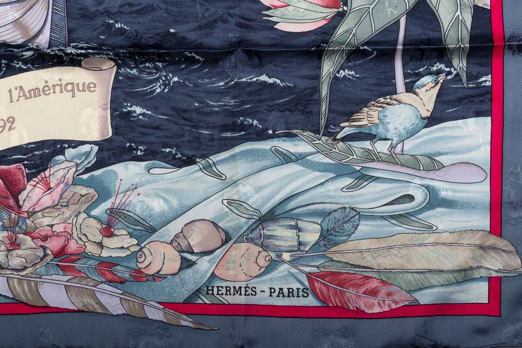 Hermes Colombe Ship Blue Silk Scarf