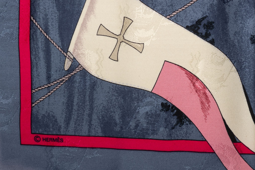 Hermes Colombe Ship Blue Silk Scarf