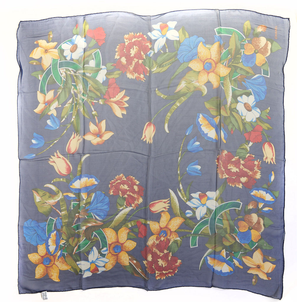 Chanel Blue Silk Chiffon Flower Scarf