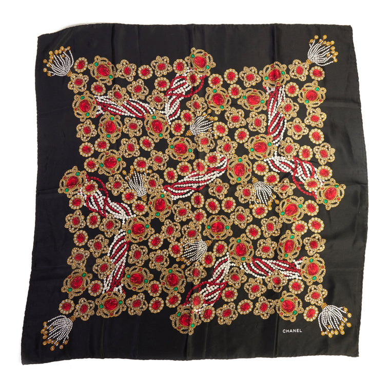 Chanel Vintage Black Gripoix Silk Scarf