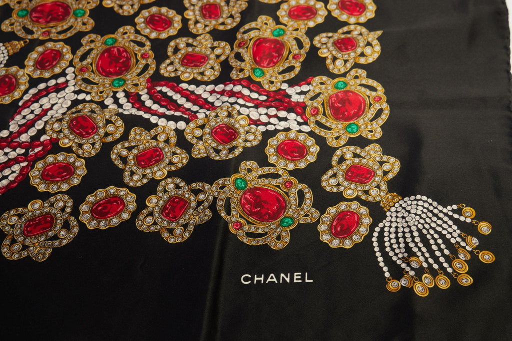 Chanel Vintage Black Gripoix Silk Scarf