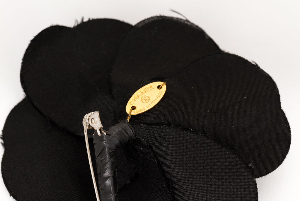 Chanel large black fabric camelia brooch