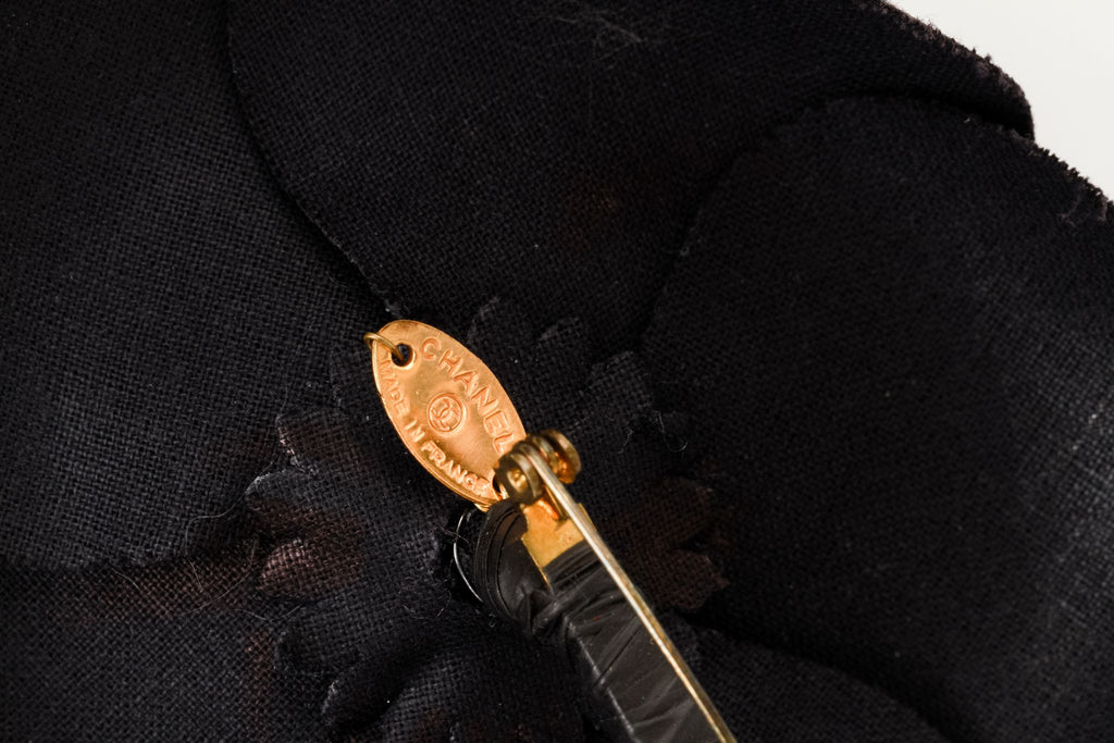 Chanel large black fabric camelia brooch