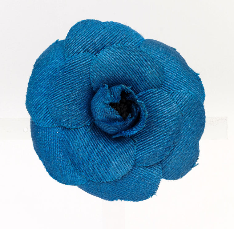 Chanel large blue fabric camellia brooch