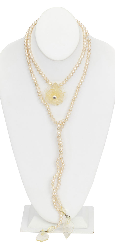 Chanel long pearl necklace with camellia