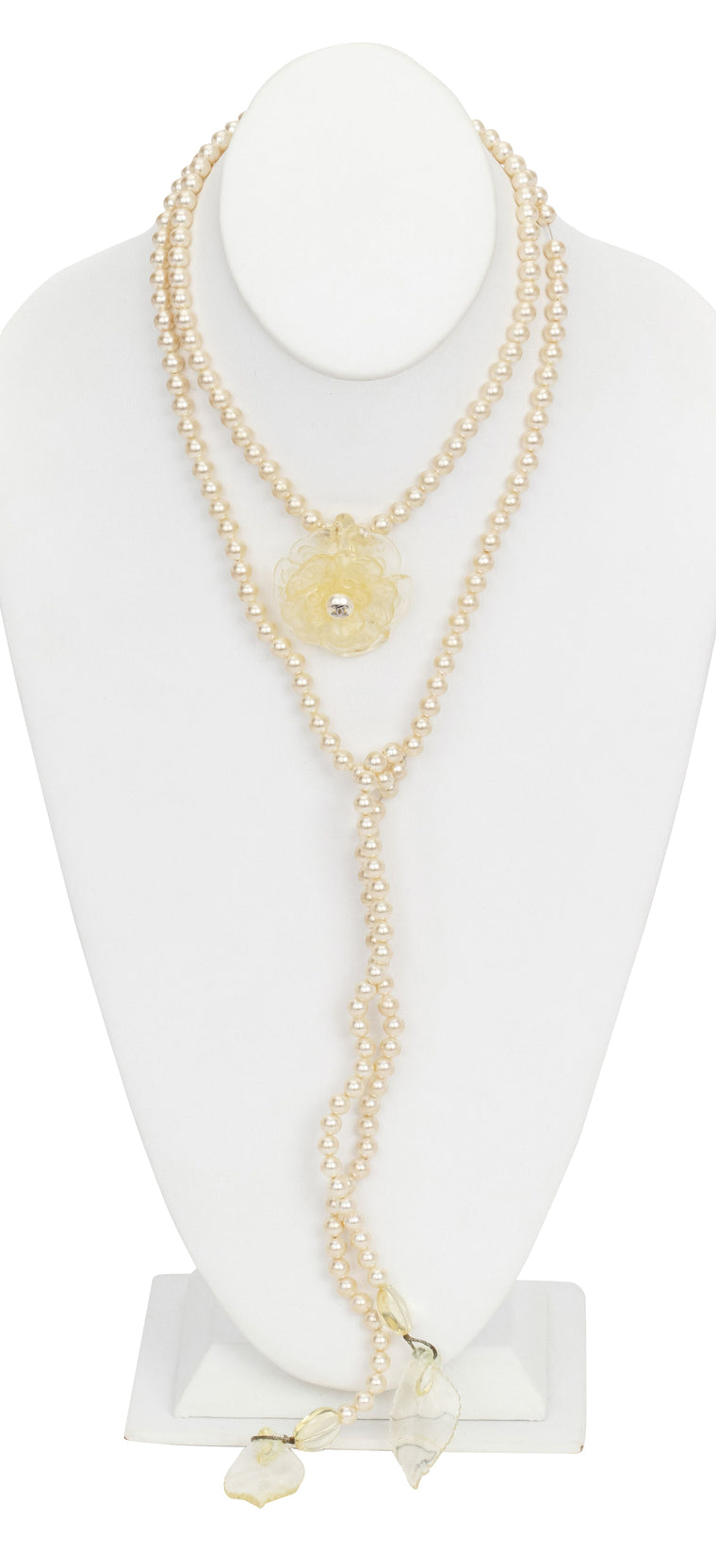 Chanel long pearl necklace with camellia