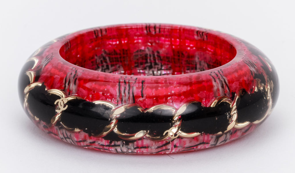 Chanel Tweed Black Inlay Lucite Bangle