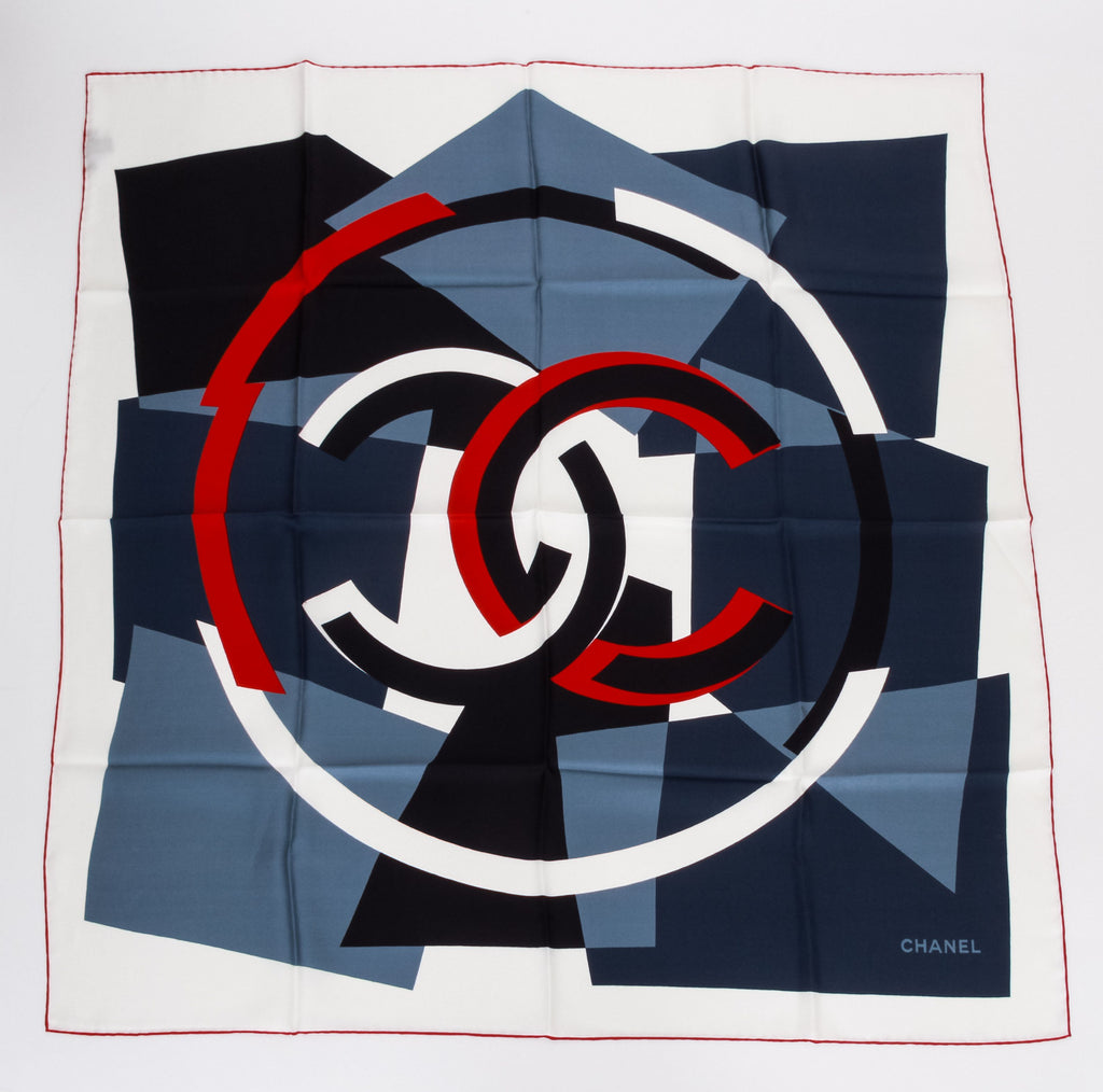 Chanel new black gray red silk scarf