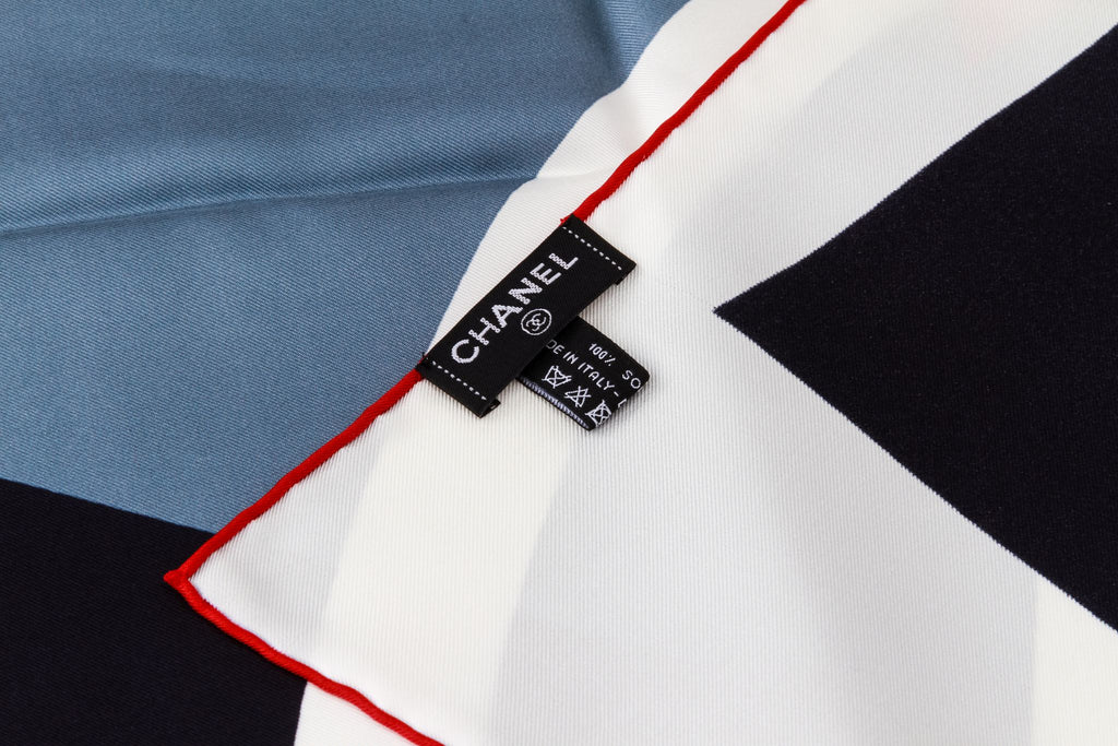 Chanel new black gray red silk scarf