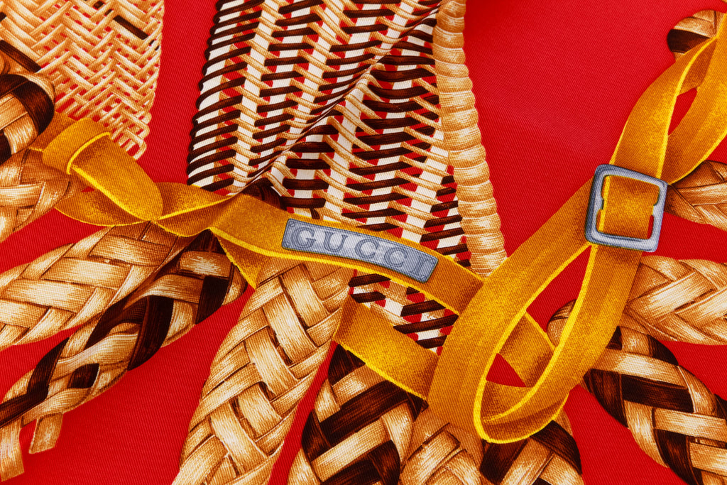 Gucci Red Straw Braids Silk Scarf