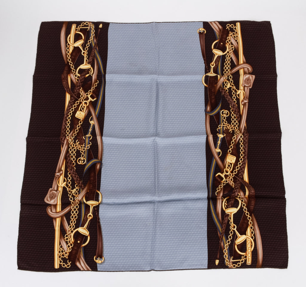 Gucci Gray Logo Equestrian Silk Scarf