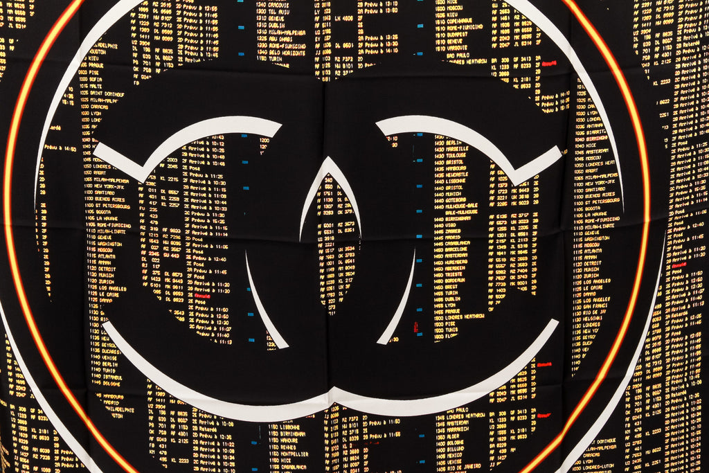 Chanel new black gold logo XL silk scarf