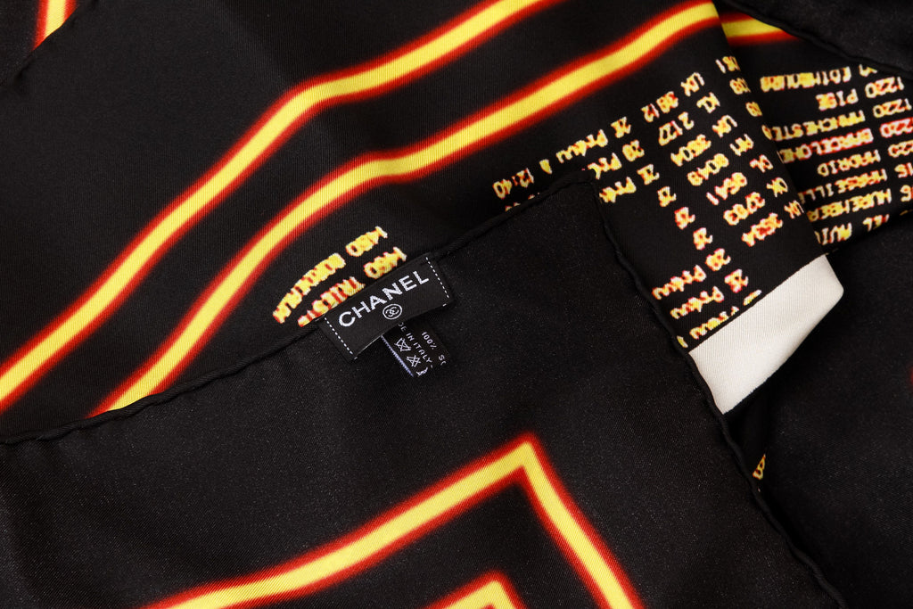 Chanel new black gold logo XL silk scarf