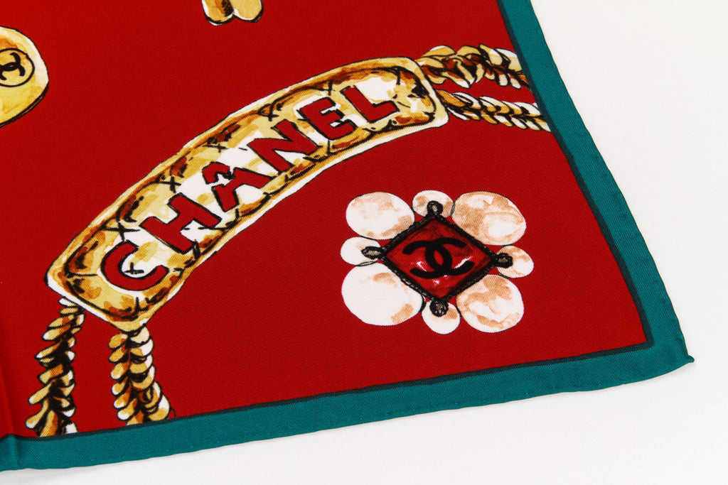 Chanel New 70s Jewelry Red Silk Scarf