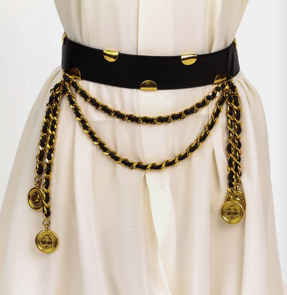 Chanel black leather belt spring 1993