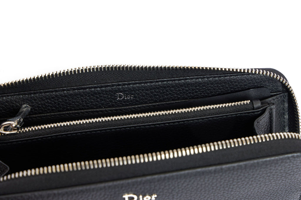 Dior New Black Leather Zip Around Wallet