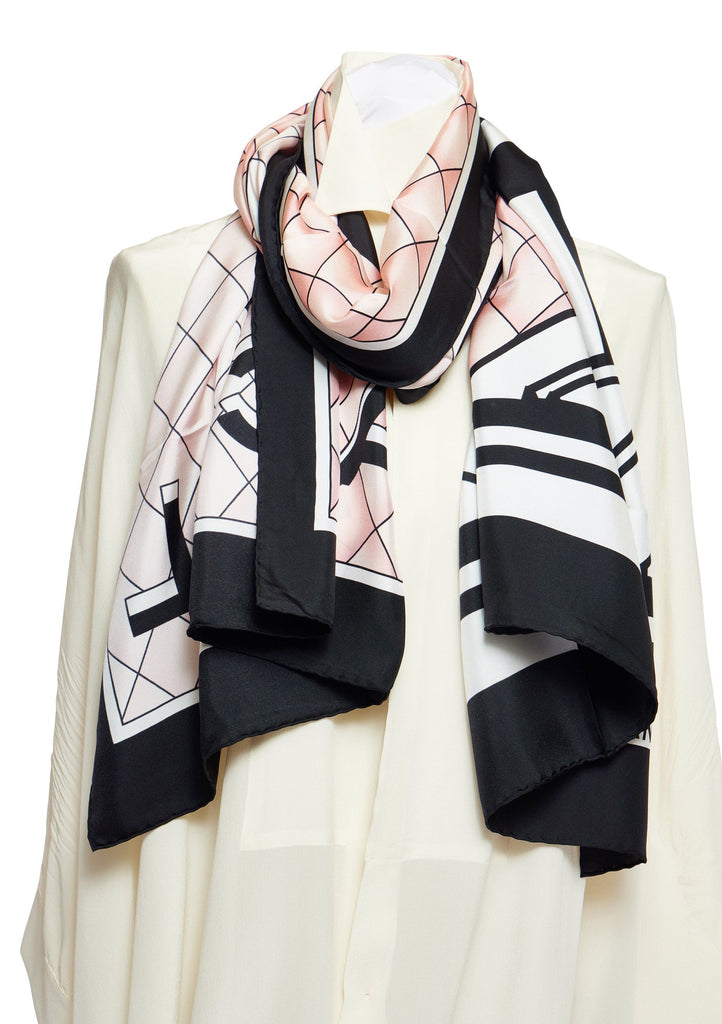 Chanel Black And Pink CC Logo Silk Shawl