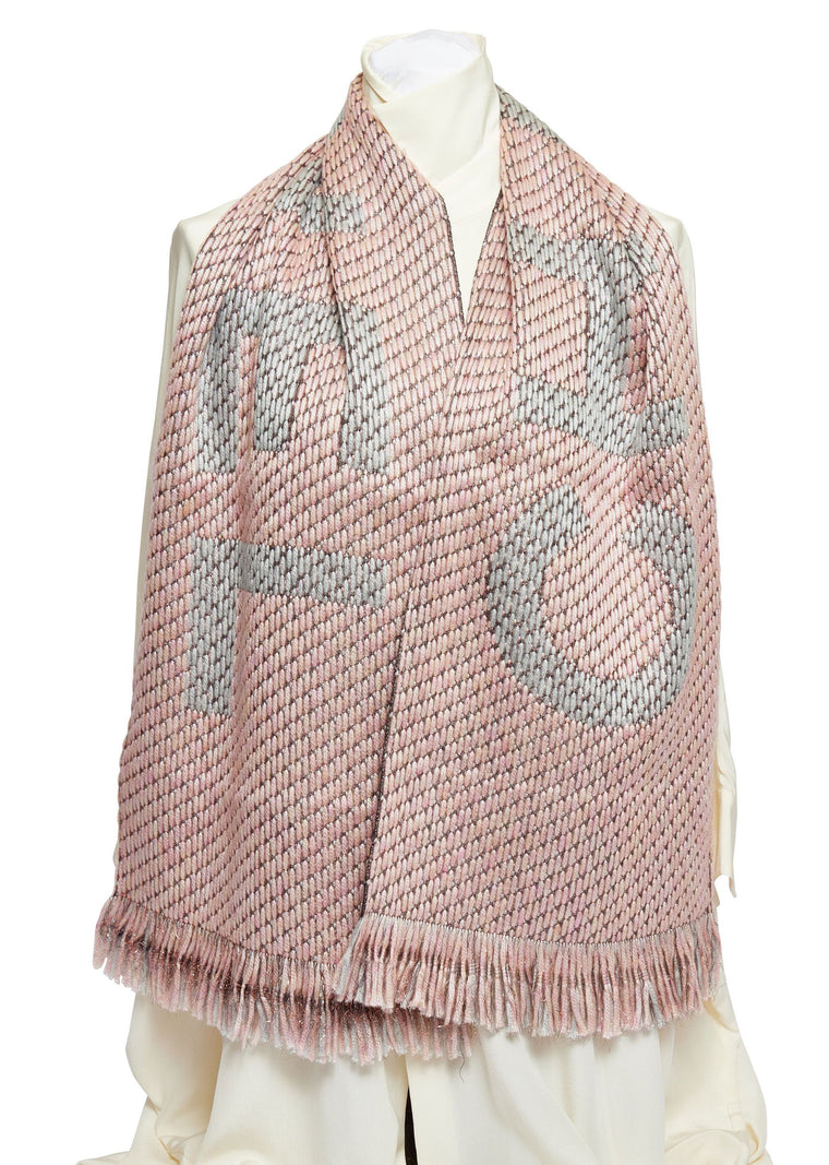 Chanel Pink Grey Metallic Wool Scarf