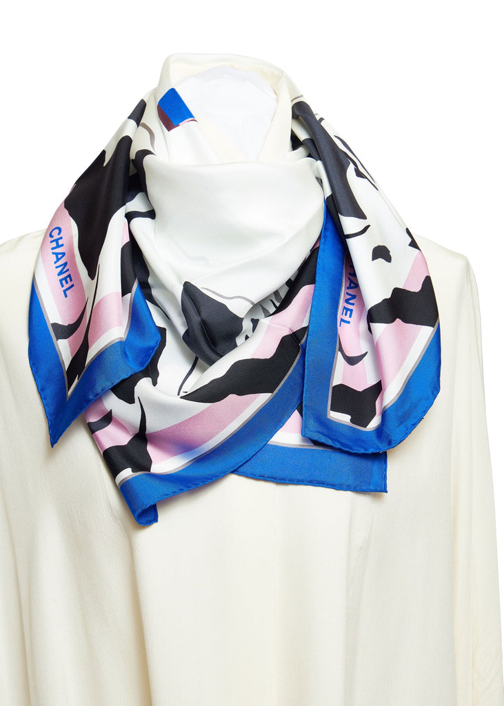 Chanel White Silk Blue CC Logo Scarf