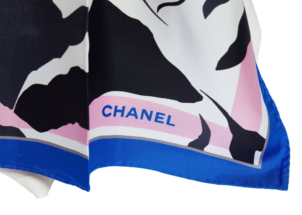 Chanel White Silk Blue CC Logo Scarf