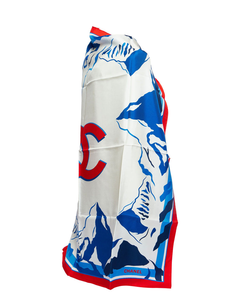 Chanel New White/Blue Silk Red CC Scarf