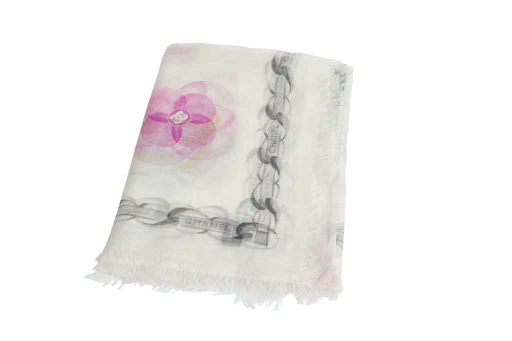 Chanel New White Camellia Cashmere Shawl