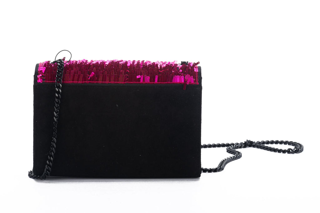 YSL Fuchsia Sequins Black Suede Handbag