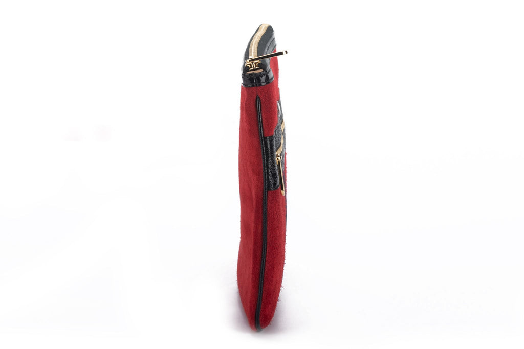 Gucci New Red Suede/Black Patent Clutch