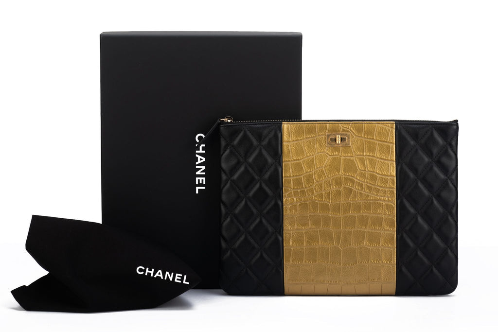 Chanel BNIB Black & Gold Croc Clutch